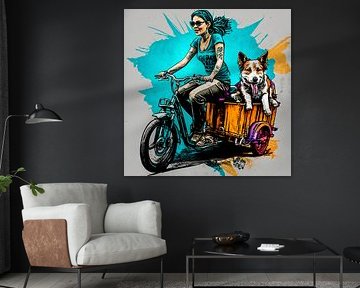 Graffiti urban woman dog excursion cargo bike dynamic
