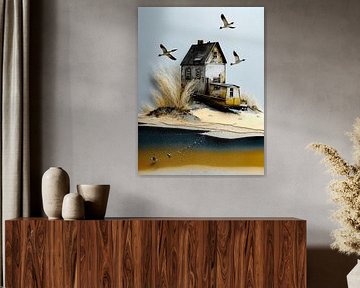 Dune landscape House Birds Sand Grass Sky Hills