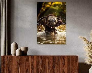 Speelse baby-olifant in water van Art & Soul Creations