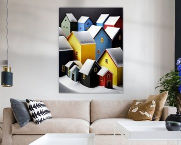 Miniatuur landschap wit zwart grijs geel rood blauw huizen van gm_designs