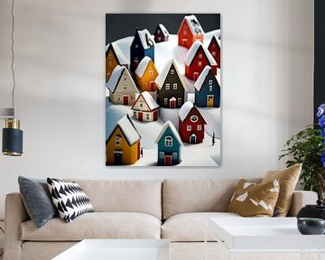 Miniatuur landschap winter wit zwart grijs geel rood blauw huizen van gm_designs