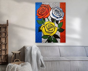 Grafische bloemen drie rozen geel rood wit blauw Pop Art