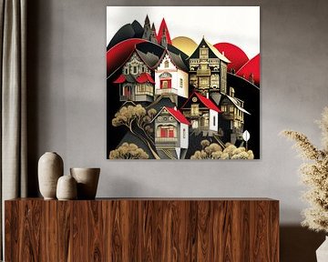 Miniatuur Stadskunst Zwitserland beige rood zwart goud surrealistisch