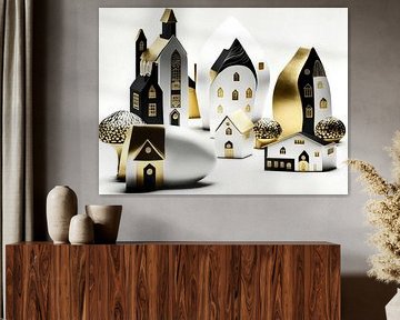 Miniatuur landschap porselein wit zwart goud huizen bomen