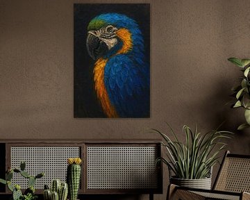 De wachter van het regenwoud (schilderij blauw-gele ara kleurrijke vogel exotisch tropisch papegaai)