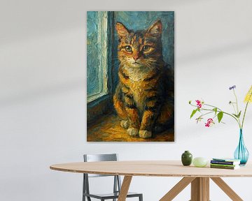 In het raamlicht (schilderij dikke verf kat bij het raam huisdier warm portret) van Natalie Bruns