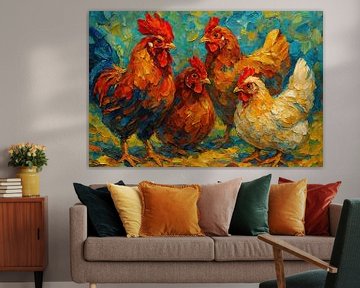 Kippenoverleg in de ochtendzon (schilderij dikke verf haan kip kleurrijk vrolijk boerderijdieren)