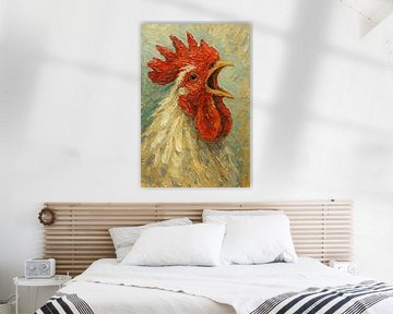 Niet vóór koffie kraaien (kukeleku schilderij kraaien haan dikke verf grappig boerderij)