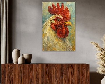 Koning van het erf (close-up haan acryl schilderij portret boerderijdier)