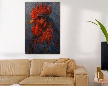 De chef van het kippenhok (schilderij haan rode en blauwe veren krachtig portret boerderijdier)