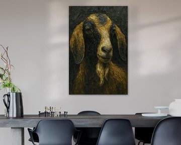 De ondeugende geit (Portret acryl schilderij grappig donker ingetogen rustig krachtig)