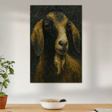 La chèvre espiègle (Portrait peinture acrylique drôle sombre feutré calme puissant) sur Natalie Bruns