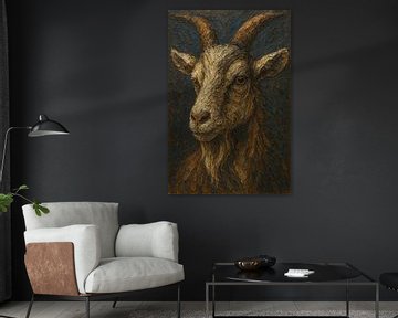 De beschermer van de berg (portret berggeit acrylverf schilderij hoorns aardetinten tijdloos)