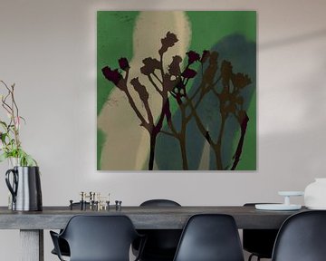 Retro botanische vormen in bruin op groen en blauw van Dina Dankers