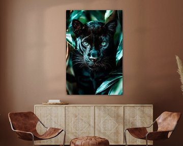 Black panther among jungle leaves