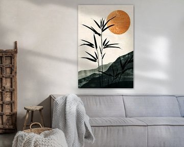 Abstrakte Bambus-Silhouette mit Sonne von Imperial Art House