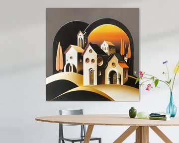 Miniature landscape paper white black orange yellow houses trees