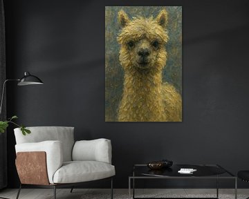 Gouden vacht in het berglandschap ( zacht speels portret vriendelijk lief dier warm schilderij)