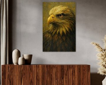 Meester van de lucht (krachtig majestueus portret adelaar veren snavel warm schilderij)
