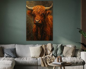 Roodbruine Schotse Hooglander met karakter (portret wilde koe krachtige hoorns dikke acryl verf penseelstreken stoer aards donker ) van Natalie Bruns
