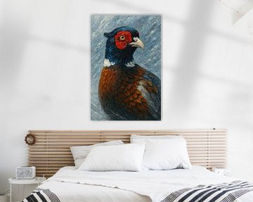 Fazant in de sneeuwstorm (kleurrijk landelijk realistisch portret statige elegante vogel schildering) van Natalie Bruns