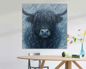 Schotse Hooglander in de sneeuw (dierportret winter schilderij dikke verf textuur krachtig mysterieus kop hoorns) van Natalie Bruns
