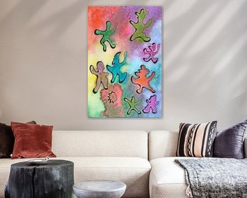 alle kleuren van de regenboog  9 aquarel van vrolijk dansende figuurtjes in line-art stijl