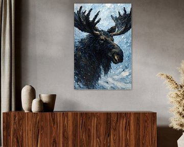 Eland in de sneeuw (stoer winter schilderij mancave wild dier gewei winterlandschap) van Natalie Bruns