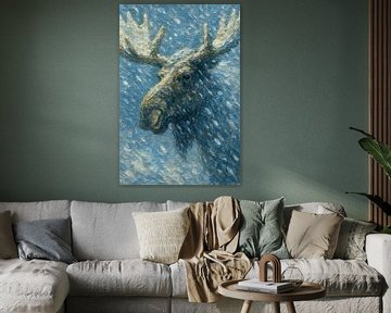 Eland in de sneeuwstorm (dromerig krachtig schilderij dikke acrylverf stilte koel zacht ijskoud Scandinavië) van Natalie Bruns