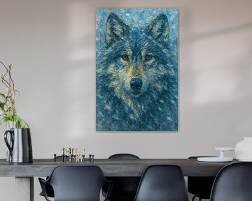 Wolf in de sneeuwstorm (blauwgrijs portret wild krachtig mysterieus dierportret schilderij textuur verf)
