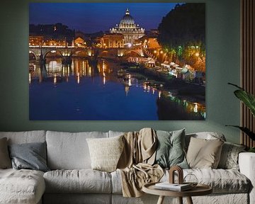 Nachtpanorama mit Engelsbrücke und Petersdom in Rom von Silva Wischeropp