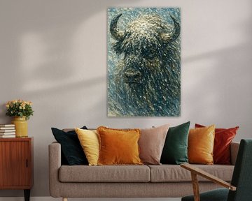 Buffel in de sneeuwstorm (krachtig winters kop hoorns dikke vacht oertijd wildernis schilderij) van Natalie Bruns