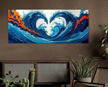 Abstract painting: waves form a heart at the moment of union by AidasignArt