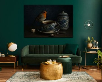 Theetijd met roodborstje – stilleven in Delfts blauw van But First Framing