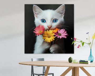 Witte kat met blauwe ogen en kleurrijke bloemen portret van TheXclusive Art