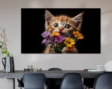 Oranje kat kleurrijke bloemen panorama van TheXclusive Art