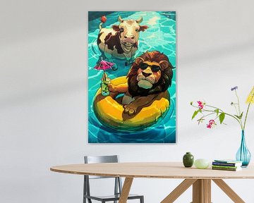 Lion et vache dans une piscine sur Imperial Art House