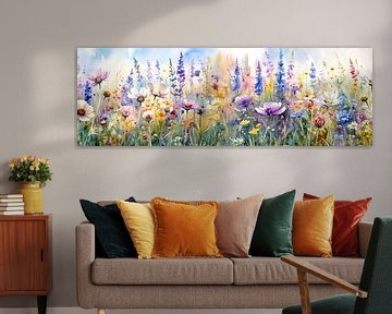 Panorama schilderij van een zomerse bloementuin van Studio Pieternel