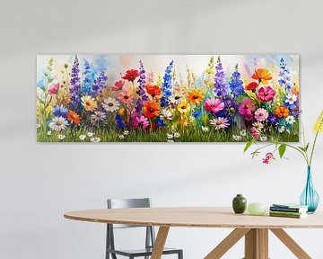 Panorama schilderij van een zomers bloemenveld van Studio Pieternel