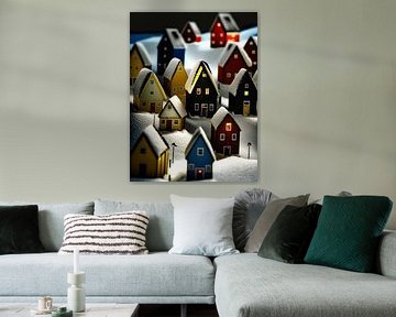 Miniatuur stad winter sneeuw nacht huizen ramen lichten van gm_designs