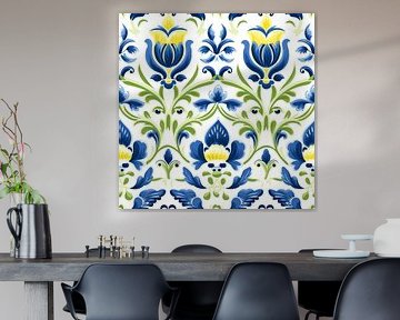 Kachelmuster blau weiß gelb stilisiert Tulpen Blumen flämisch von gm_designs