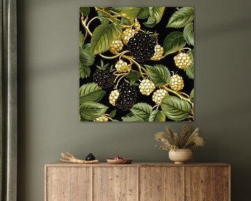 Tile pattern blackberries black and white leaves stylised