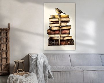 Vogeltje op oude boeken
