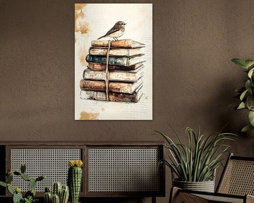 Vogel en stapel vintage boeken van Art & Soul Creations