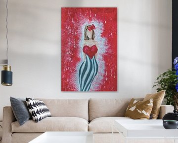 I am Love, vrouw met groot rood hart van Krista Kitsz Art