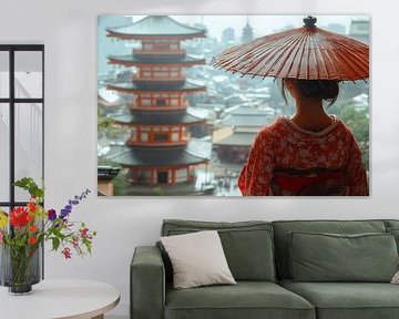 Picturesque Japanese statue woman in town with umbrella