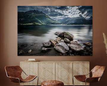 A view of the amazing and idyllic Norwegian landscape. Autumn image of mountains.