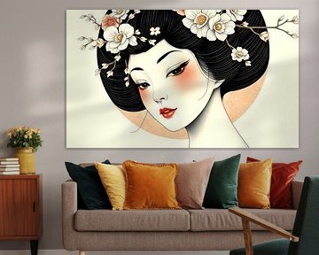 japanische moderne kunst frau mit blumen im haar