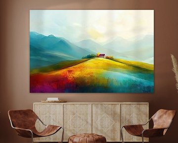 Heuvel Bloemen | Rustig Landschap met Huisje en Bloemen