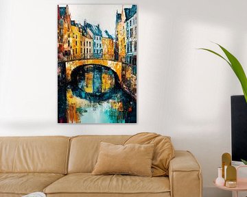 Kleurrijke stad met waterbrug